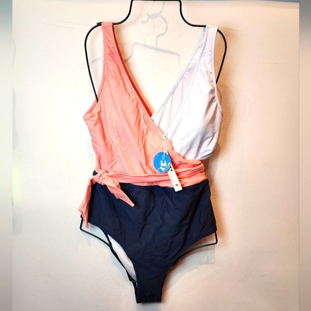 Cupshe Coral, White, and Navy One Piece Swimsuit